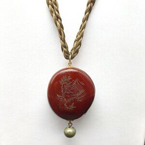 Vintage Hobe Jade & Braided Silk Necklace Engraved Pendant Asian Nature Scenes